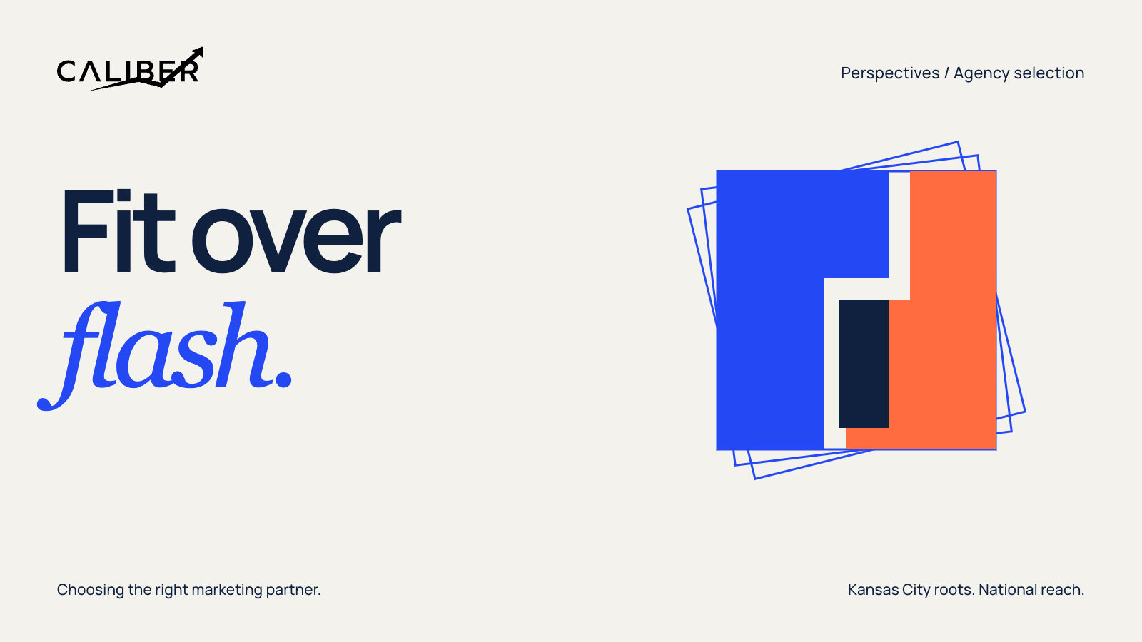 Editorial cover reading “Fit over flash.” with interlocking cobalt and orange geometric shapes.