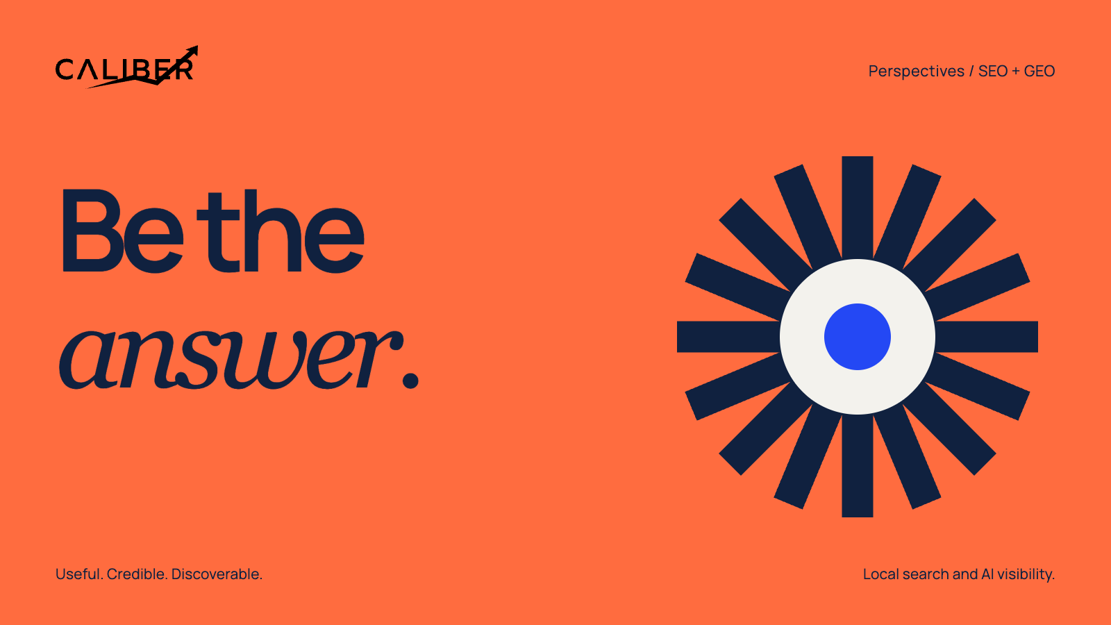 Editorial cover reading “Be the answer.” beside a radiating navy symbol on orange.