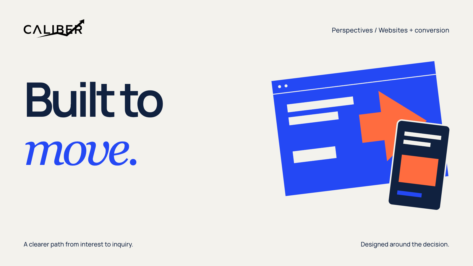 Editorial cover reading “Built to move.” beside abstract desktop and mobile website layouts.